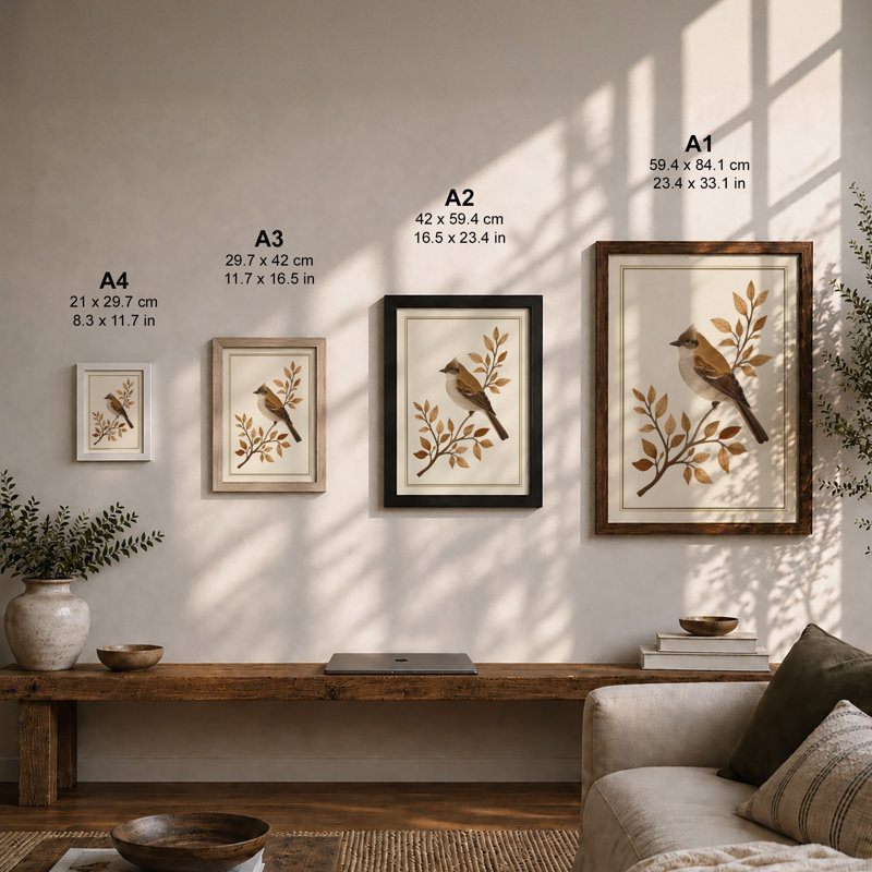 Bird Among Branches Botanical - Framed Print, Oak, A4 - 29.7 x 21.0 cm