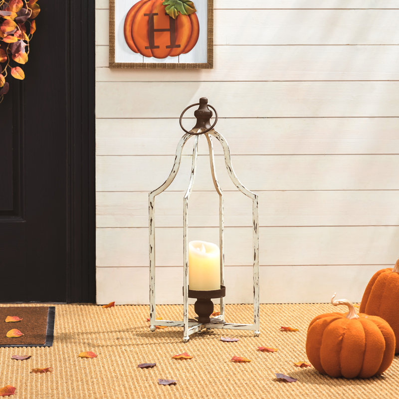 Metal Tabletop Lantern, 22" H x 10.5" W x 10.5" D, White/Brown, 1
