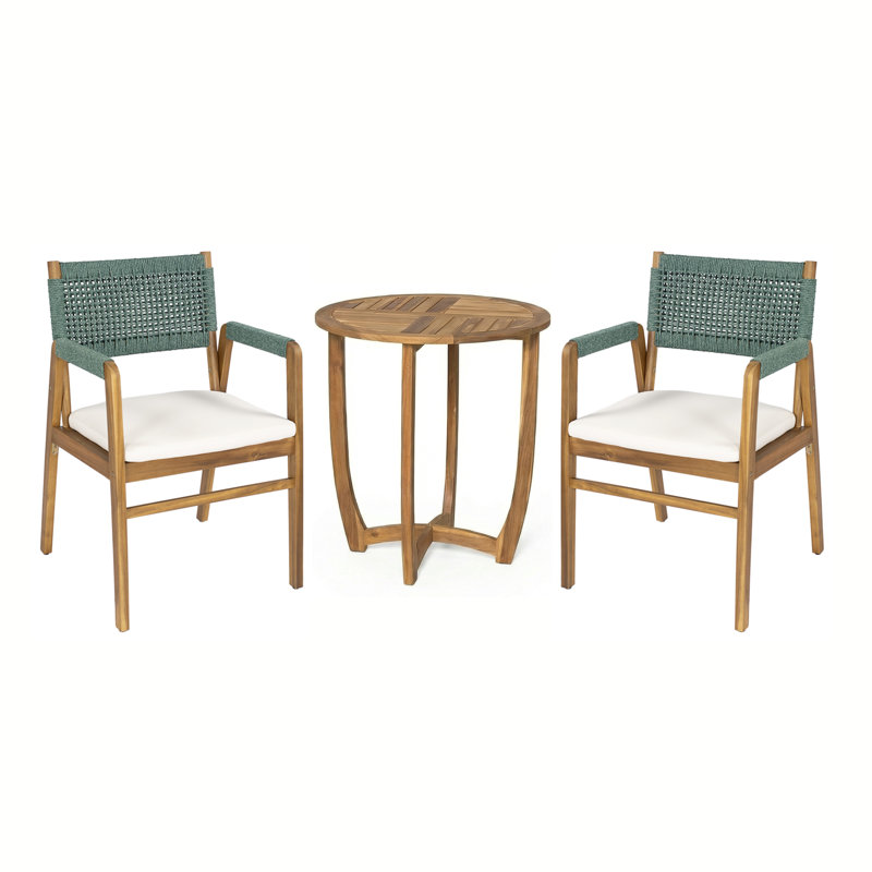 Brendalyn Outdoor 2-Person Acacia Wood Bistro Set With Woven Rope & Cushions