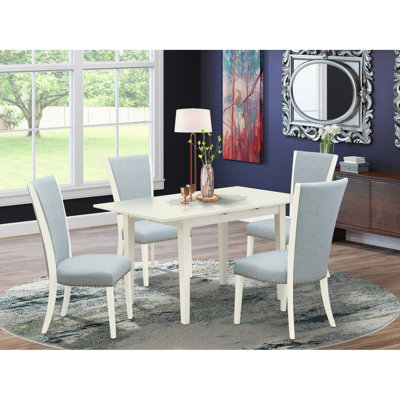 5 Piece Modern Dining Table Set Includes a Rectangle Wooden Table with Butterfly Leaf and 4 Baby Blue Linen Fabric Parsons Chairs, Linen White