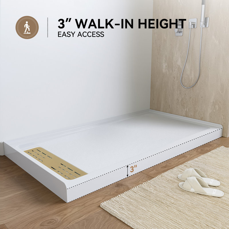 60" W x 32" D White Shower Base with Drain Assembly and Drain Cover Included, Non-slip Shower Pan