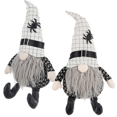 Set of 2 23.5" Halloween Sitting Gnomes with White Spider Hats – Black & White Fabric Gnome Figurines for Indoor Holiday Décor