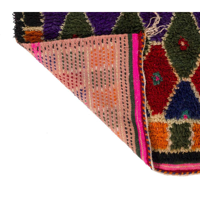 Tapis multicolore fabriqué à la main en laine Tulu. Tapis rétro style bohémien éclectique