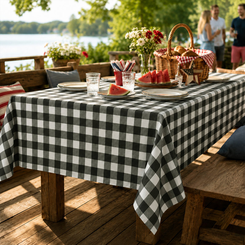 Nappe PEVA imperméable Buffalo Gingham avec envers en flanelle, repas intérieur et extérieur, 60" W x 84" L., Noir / blanc