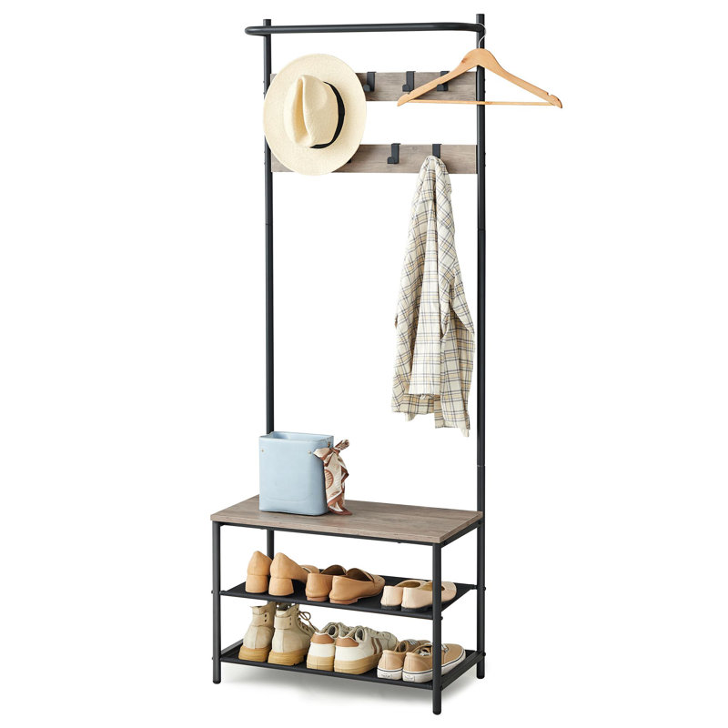 Hall Tree 25.2" Wide with Bench and Shoe Storage, Entryway Bench with Coat Rack Stand, 9 Movable Hooks, Top Bar, Greige/Black