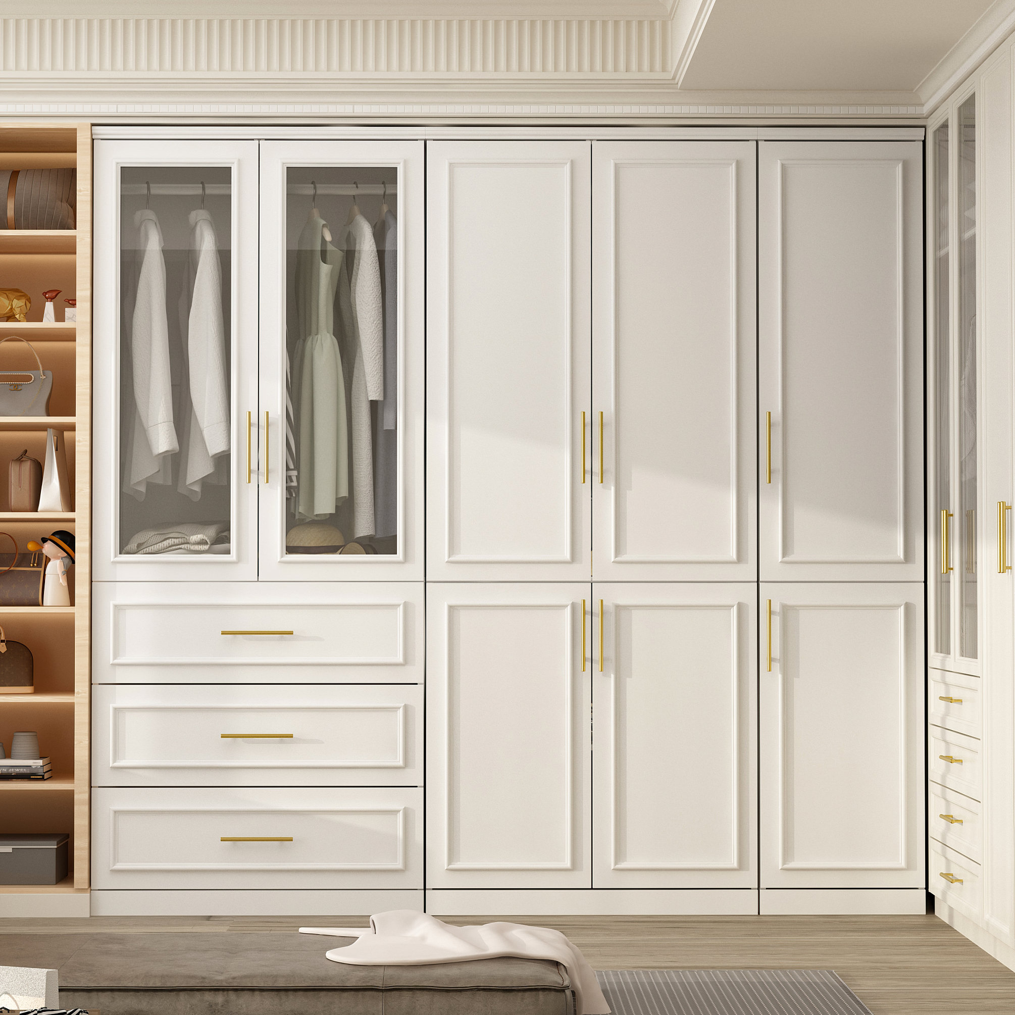 Radmil Armoire: 8-Door White Wardrobe with Gold Handles