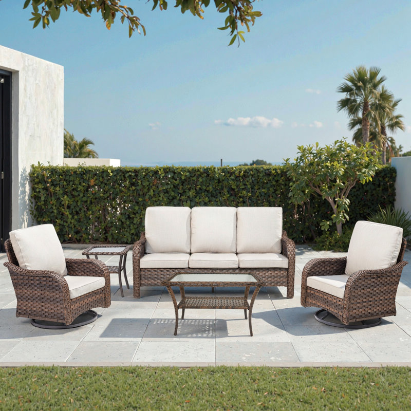 Gustave 5-Piece Outdoor Wicker Patio Furniture Set, All-Weather Conversation Set With Olefin Cushions, Beige
