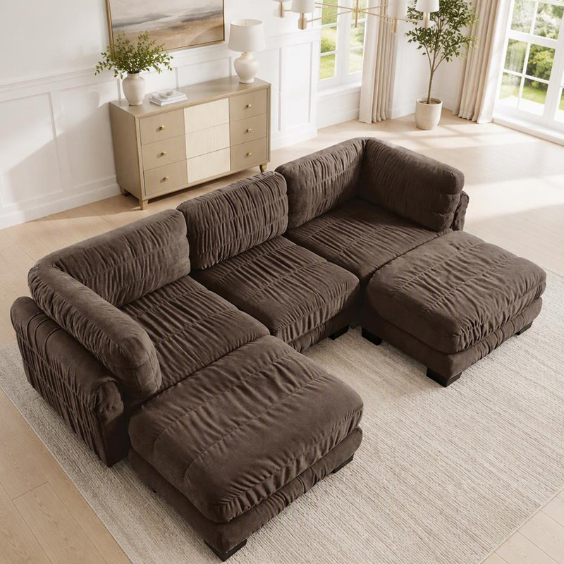 Canapé d'angle modulaire en chenille, 2 poufs amovibles, mousse haute densité, montage facile, 109.4, Brown