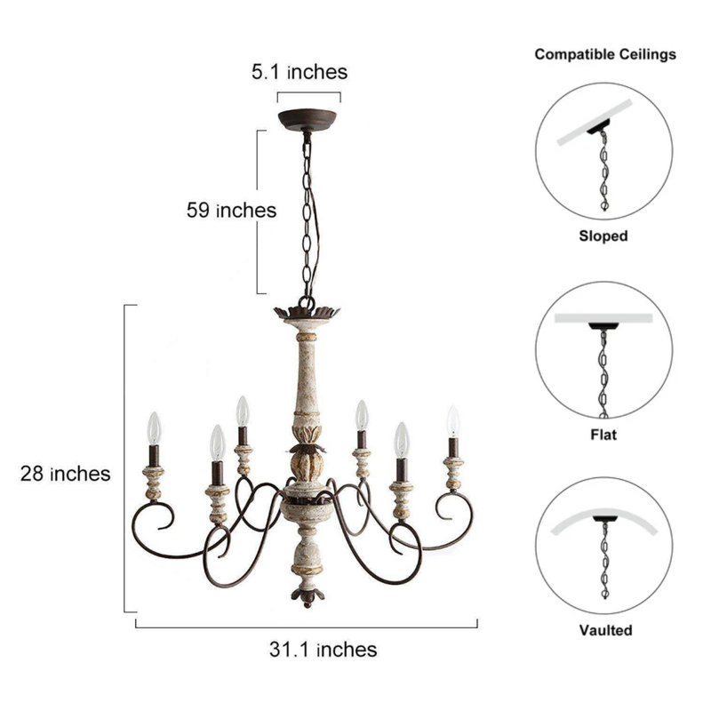 Marcus 6 - Light 31.3"W Large French Country Candle Style Classic / Traditional Wooden Chandelier