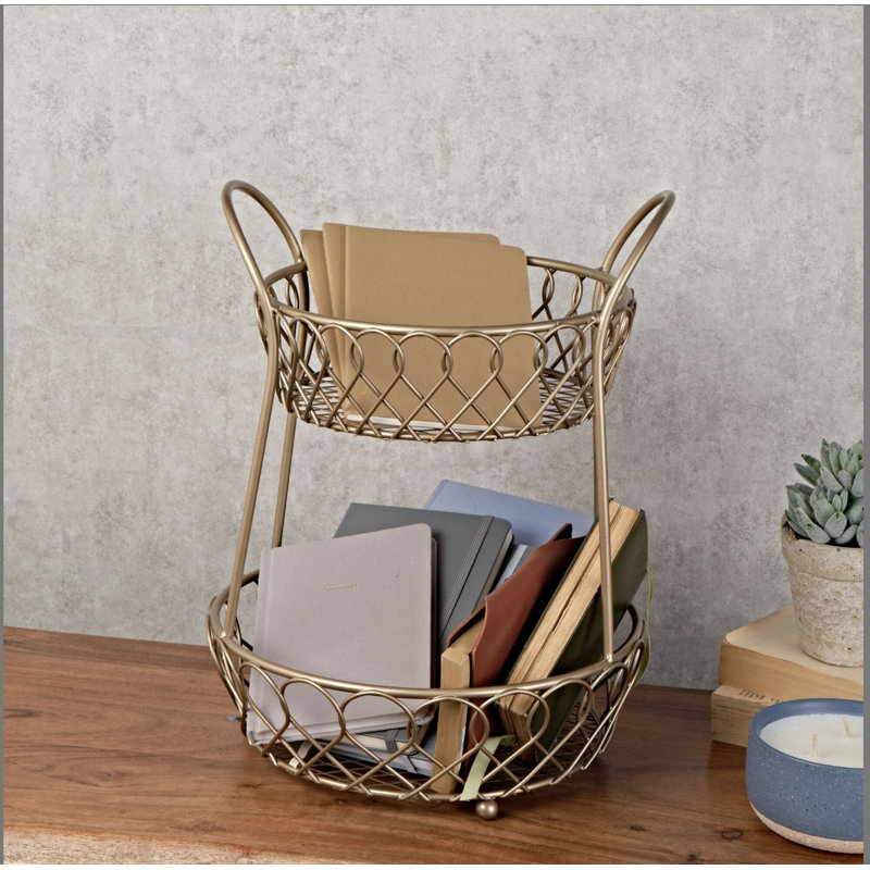 Gourmet Basics by Mikasa Loop and Lattice Metal 2-Tier Round Fruit Storage Basket, Matte Gold