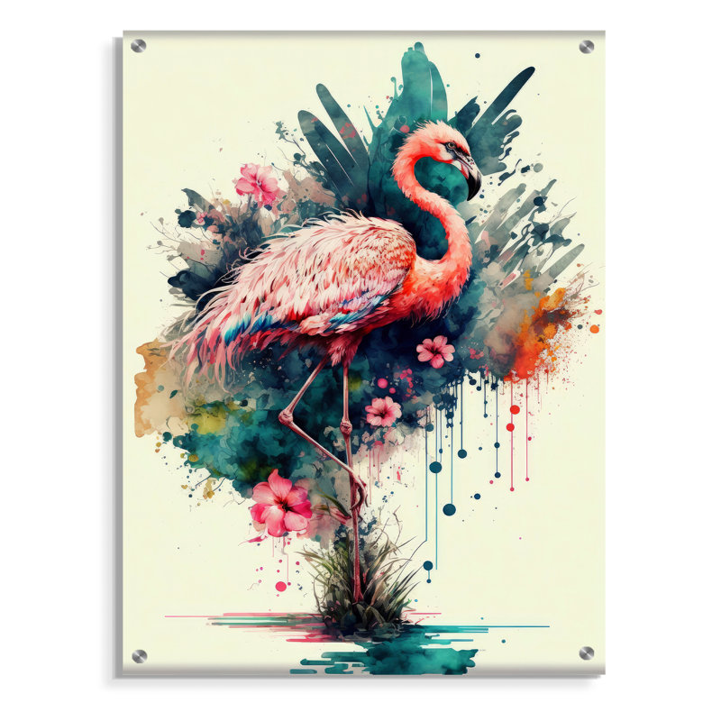 Art floral mignon flamants roses III - flamant rose, art mural, H 40 po x l 30 po