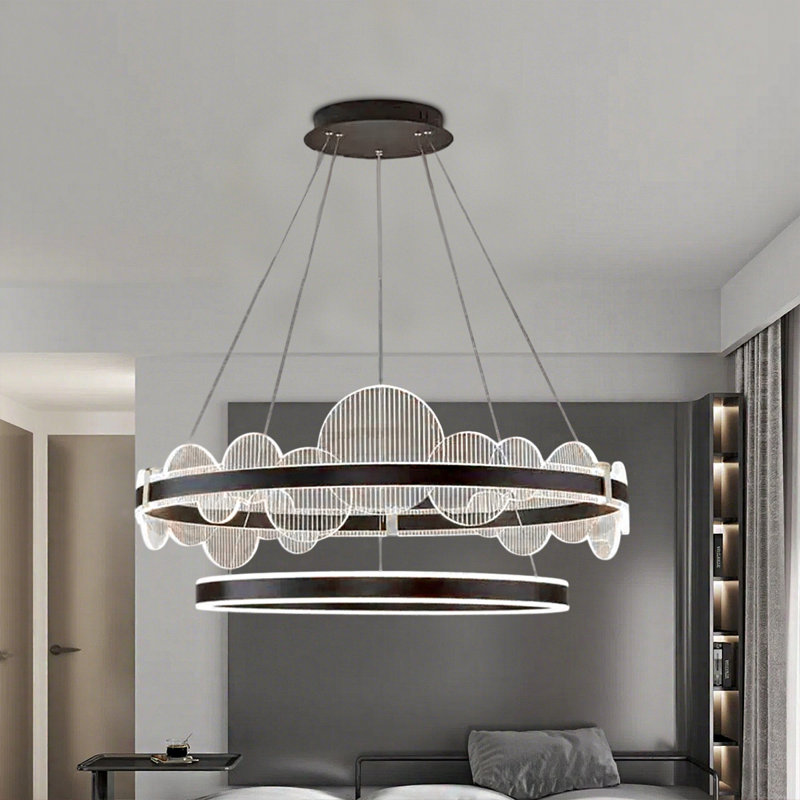 Lustre moderne minimaliste à double anneau, aluminium noir + acrylique, anneaux 24 po + 16 po avec lumière DEL chaude, commande murale