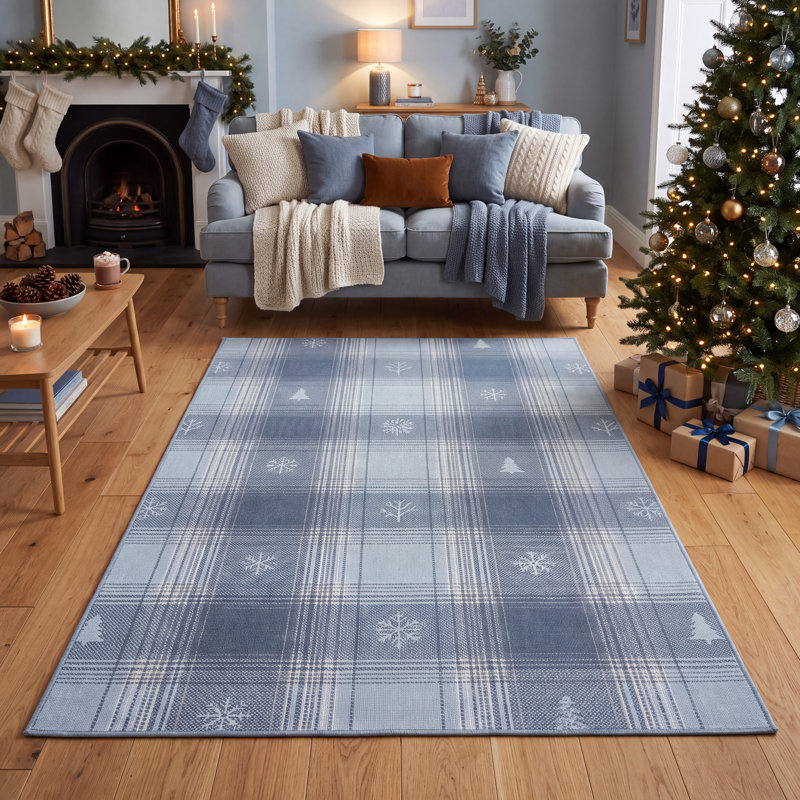 Tapis d'hiver Cukurova à carreaux modernes bleus, gris et blancs, antidérapant, à poils courts, pour l'intérieur et l'extérieur, adapté aux animaux de compagnie, salon, chambre, salle à manger, entrée, corridor, bureau, décoration de fêtes, lavable