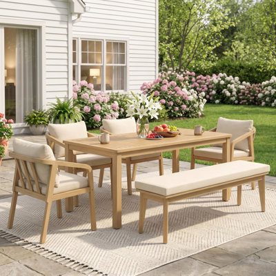 Barkbridge 6-Person All Weather Acacia Wood Outdoor Dining Set With Water-Resistant Cushions and Umbrella Hole