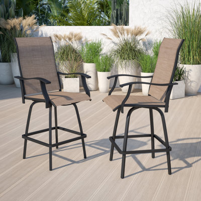 Corchado All-Weather PVC-Coated Polyester Swivel Patio Bar Height Stools with High Back and Armrests by Red Barrel Studio