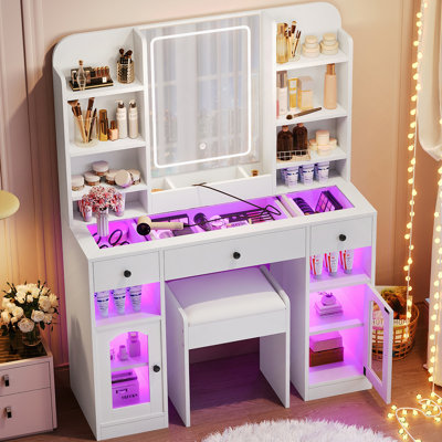 Vanity Desk With LED Mirror And Lights, Glass Top Vanity With RGB Glass Light Cabinets, Dressing Table With Drawers, Storage Shelves And Stool For Bedroom