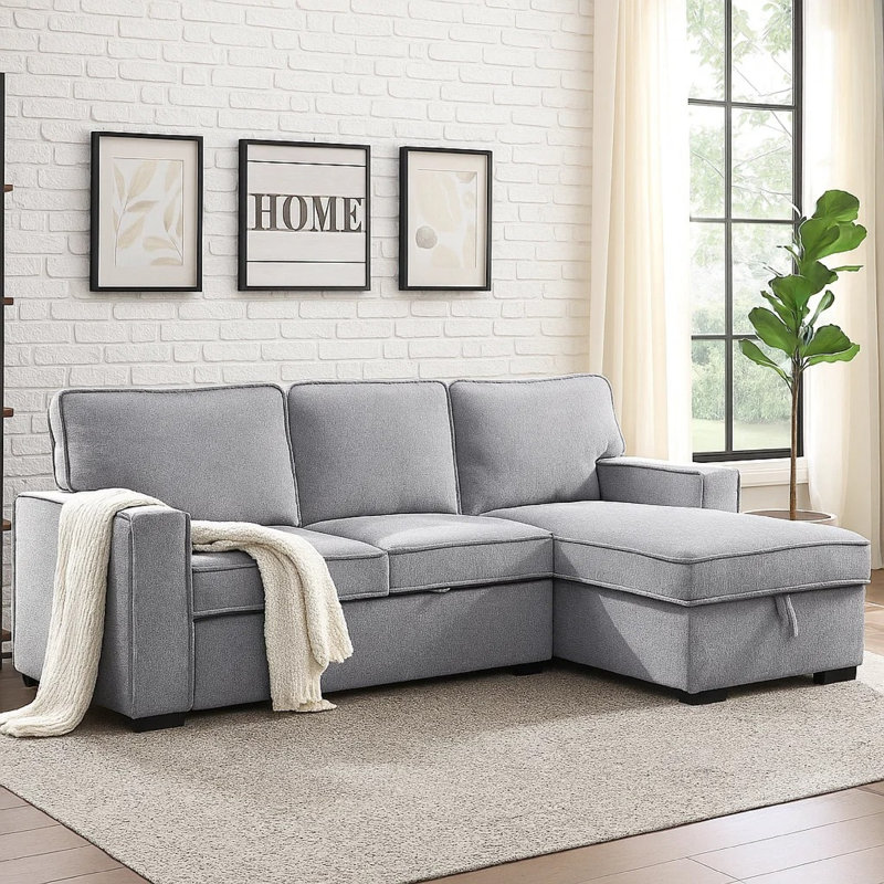 Iris Sectional Sofa, Pull Out Sleeper, Storage Chaise, Gray, 93 Inch, Light Gray Linen Blend