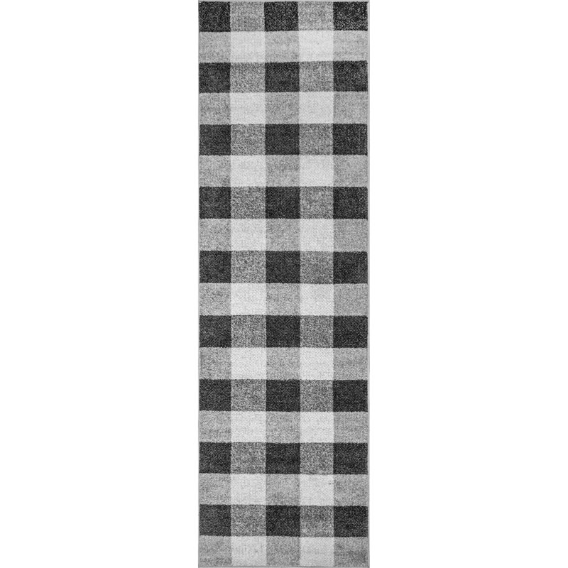 Vasag Plaid Power Loom Performance Black/ Gray/ White Rug, Runner 2'5" x 9'6"