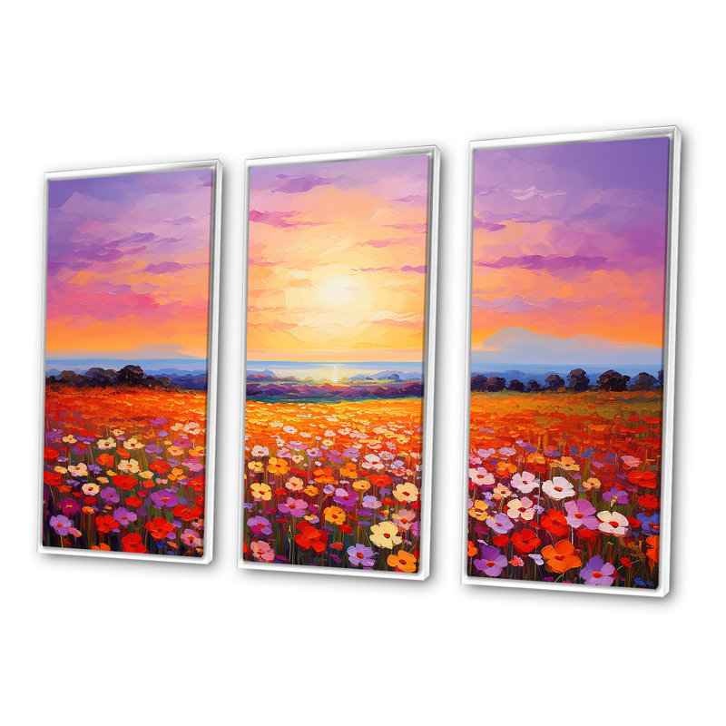 Calming Pastel Horizon Flowers Fields - Ensemble de décorations murales fleurs, Cadre flottant blanc