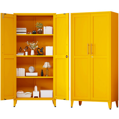61" Tall Yellow Lockable Metal Storage Cabinet, Farmhouse Pantry Cabinet with 2 Square-Pattern Doors & 3 Adjustable Shelves, Freestanding Cupboard with Legs for Home, Office, Laundry, Entryway