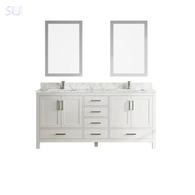 71 Inch Modern Bathroom Vanity With Double Basins, Free-Standing White Cabinet With Faucet Holes And Soft-Close Drawers