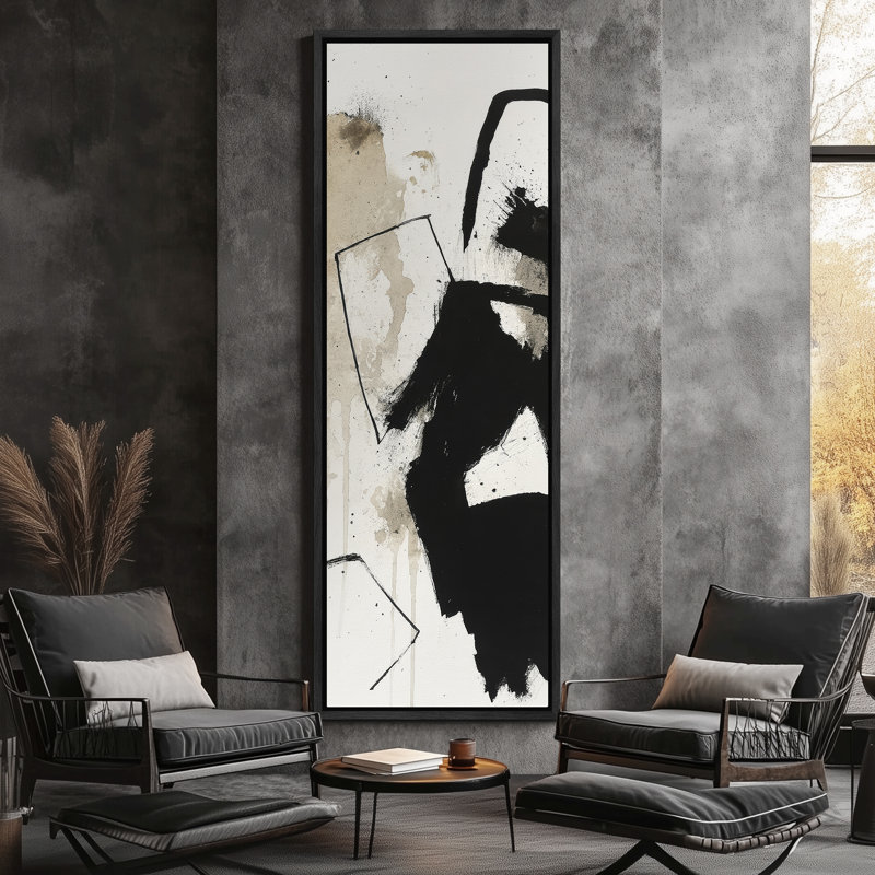 Abstract Framed Canvas Wall Art - Neutral Minimalist Print for Modern Wall Decor, 60" H x 20" W, Black