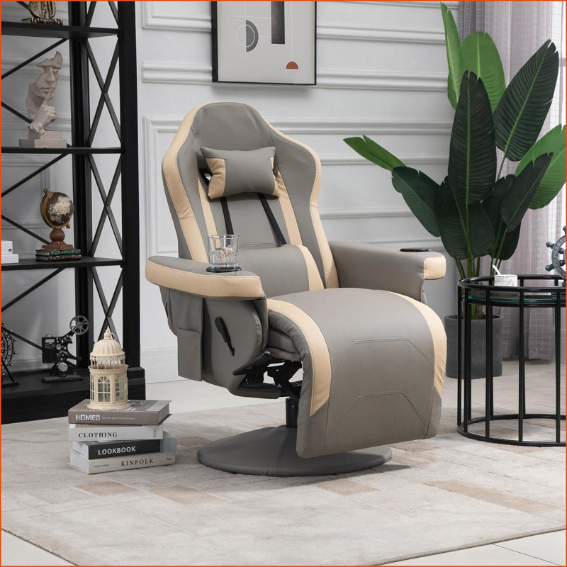 Fauteuil inclinable, fauteuil manuel pivotant en cuir de polyuréthane avec porte-gobelet, poche de rangement, inclinaison à 135 ° | Gris clair | Structure en acier