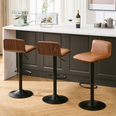 Swivel Adjustable Height Bar Stool With Walnut Bentwood Back (Set Of 3)