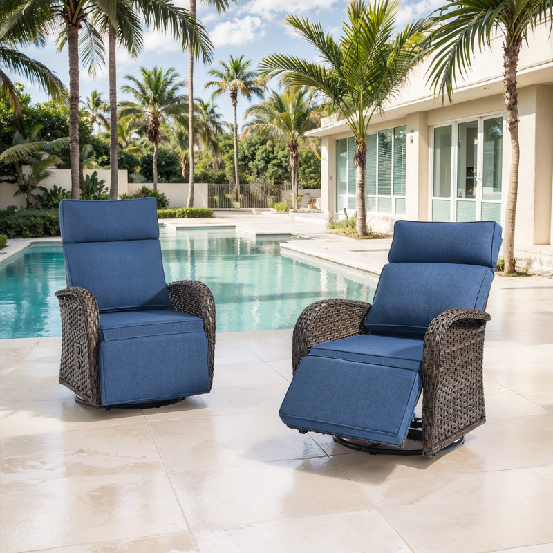 Arcturus Patio Recliner Swivel Chair With Adjustable Backrest & Footrest, All-Weather Outdoor Chaise Lounge Chair, Blue, 2