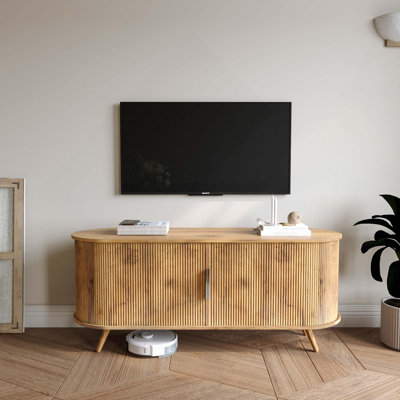 Modern Flutd TV Stand with Large Storage, Sliding Doors & Power Outlet for TVs Up to 55 inch for Living Room/Bedroom