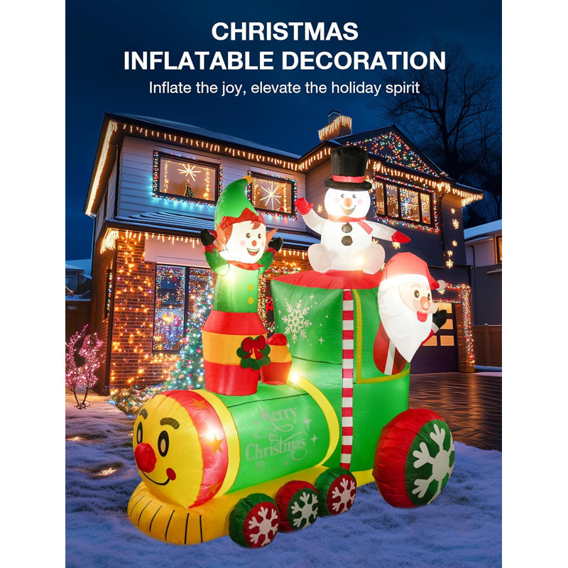 6ft Colorful Inflatable Christmas Train with Santa, Elf, and Snowman