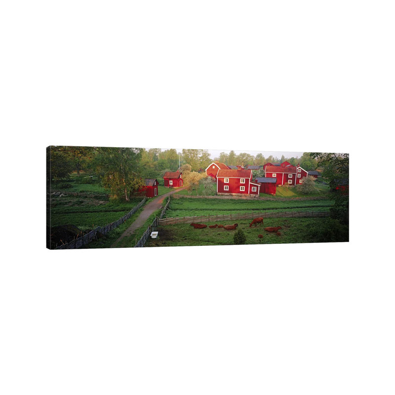 Traditional Red Farm Houses And Barns At Village, Stensjoby, Smaland, Sweden - Wrapped Canvas Panoramic Print