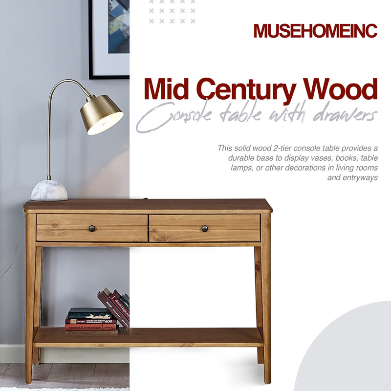 Honey Brown Mid Century Pine Wood Console Table with Storage