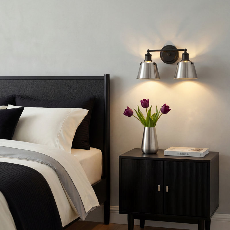 Éclairage pour meuble-lavabo moderne industriel noir mat et nickel brossé de 15 po à 2 lumières avec abat-jour en métal à cône ouvert pour salle de bain chambre à coucher