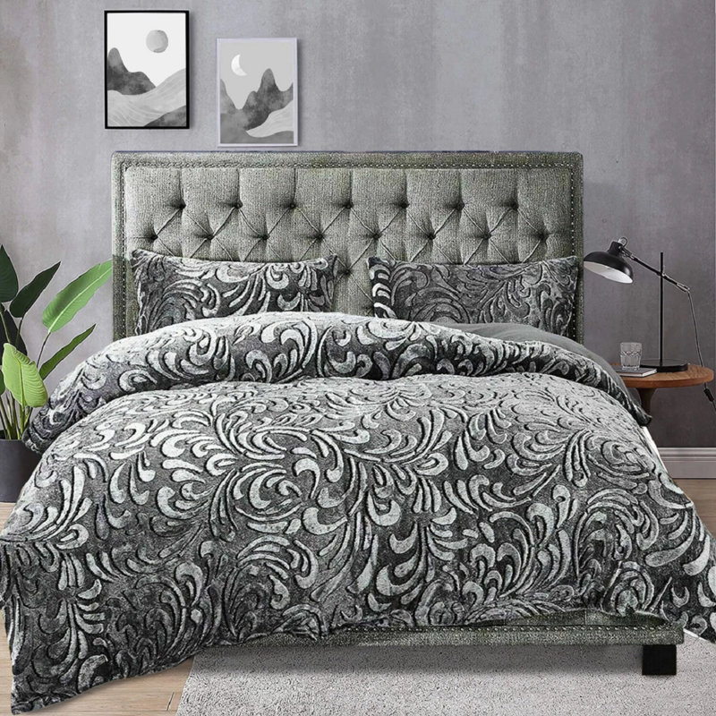 Polyester Floral Duvet Cover with Pillowcases, Kingsize, Silver/Grey
