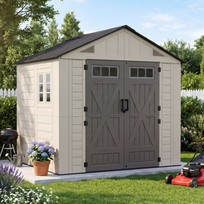 Abri de jardin en résine de 2,4 m x 1,8 m avec plancher renforcé et structure en acier