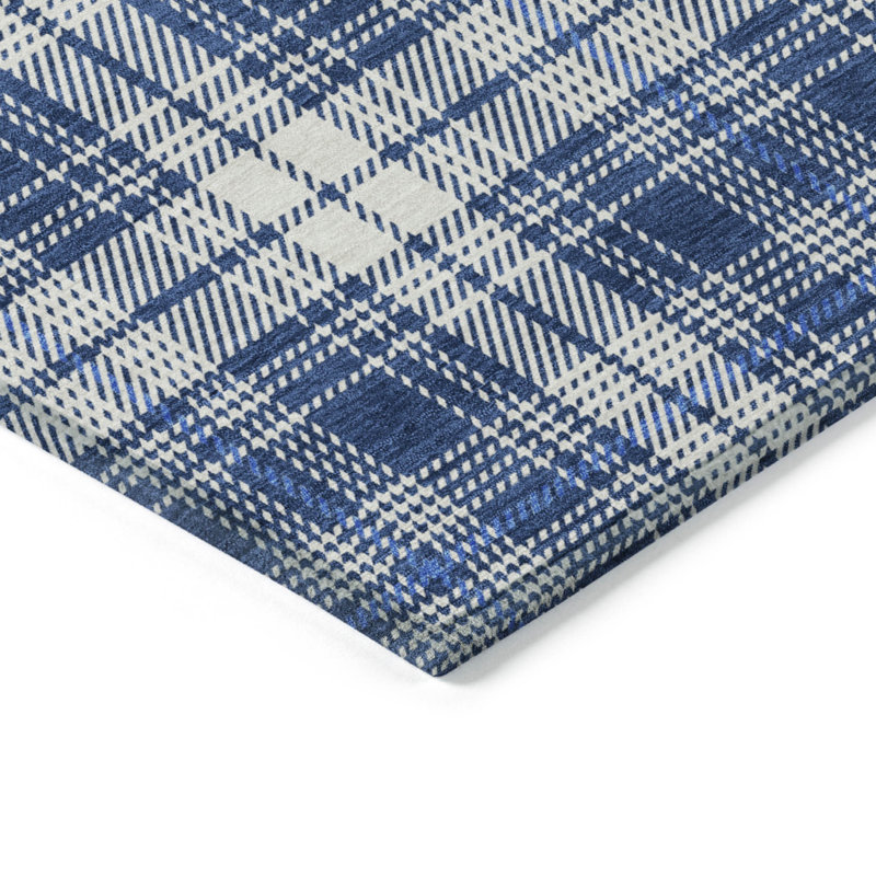 3' X 5' Navy Blue And Ivory Plaid Washable Indoor Outdoor Area Rug