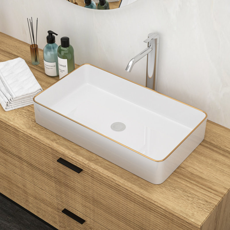 Skyline 24''x14'' Ceramic Rectangular Bathroom Sink MP2414HB, Gold/White