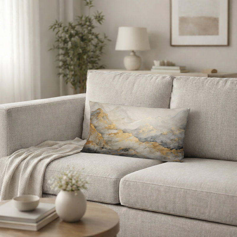Coussin décoratif imprimé forêt - Coussin d'accent de montagne glacier beige et or, H 12 po x l 20 po