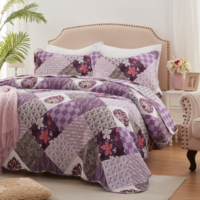 Ensemble de courtepointe 3 pièces pour très grand lit - Couvre-lit léger en microfibre et 2 taies décoratives, motif floral patchwork mauve, surdimensionné 98 x 106 pouces, couvre-lit toutes saisons