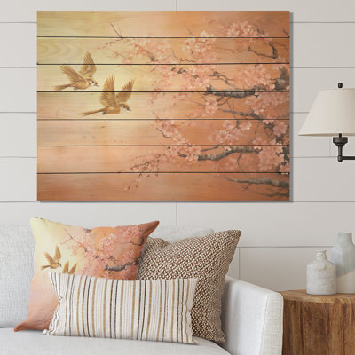Oiseaux dorés et roses sur un arbre floral III - Oiseau sur bois
