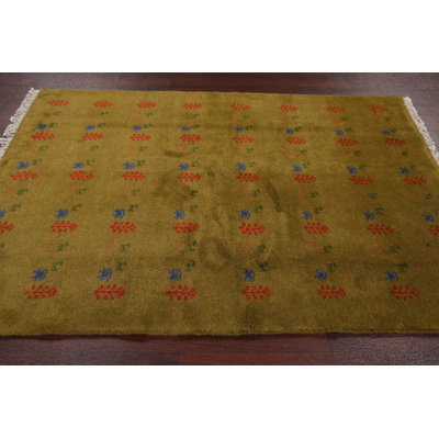 Tapis de zone en laine vert gabbeh 4 pi 7 po x 6 pi en laine one-of-kind-noué la main Havre