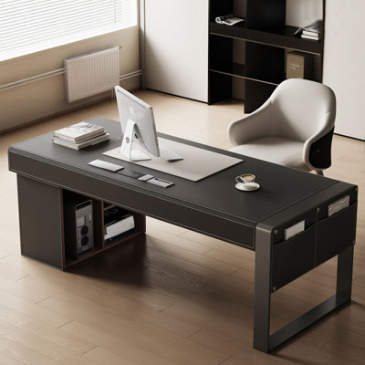 Bureau d'ordinateur en bois massif, bureau en cuir avec armoires latérales