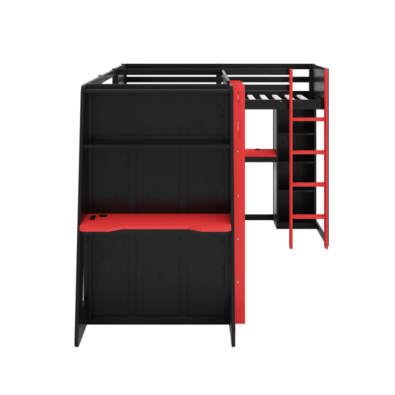 Base de lit simple avec lumières DEL RVB, ports USB, meuble télé et tablettes de rangement, Rouge