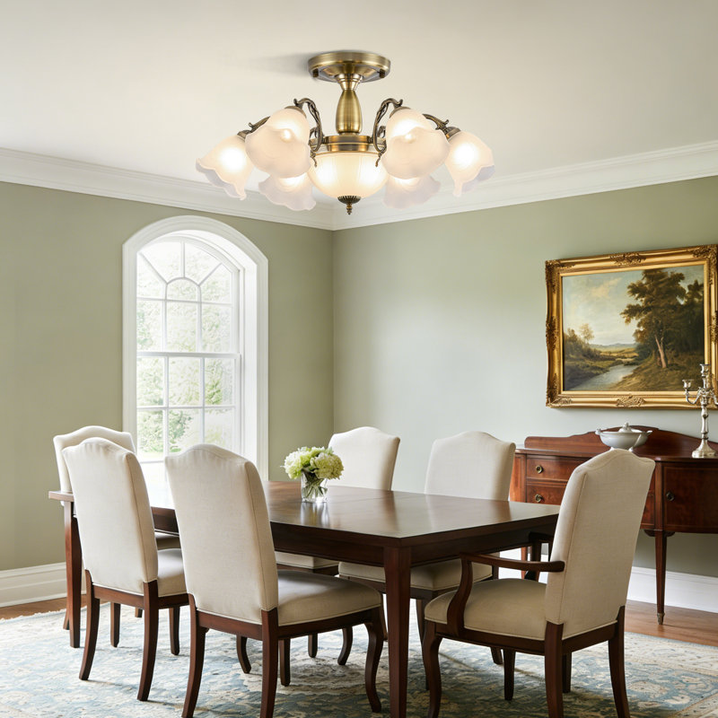 6+2 Lights Dimmable  Chandelier With Flower Frosted Glass Shade, Bronze Brushed Nickel
