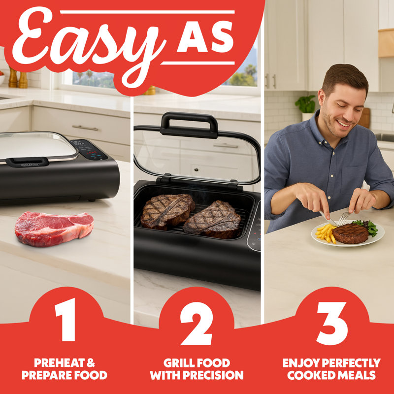 Gourmia 5-in-1 Smokeless Indoor Grill & Air Fryer Food Station with Smoke Extractor, Multiple Cooking Modes, Dishwasher-Safe Parts, 1650W