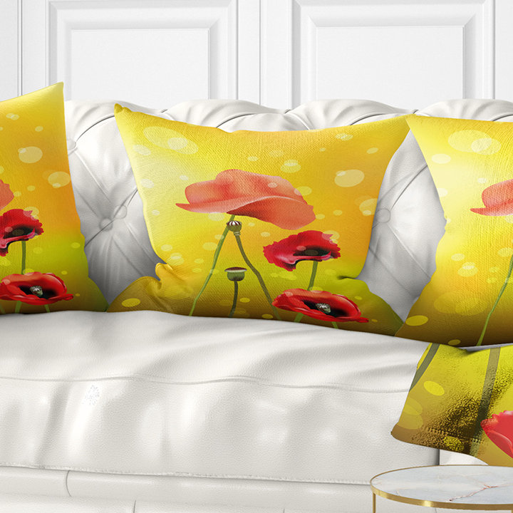 Coussin décoratif à fleurs rouges sur fond jaune, 18 po x 18 po, Carré