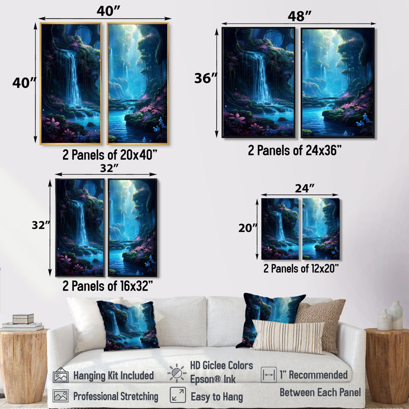 Cascade bleue et verte apaisante - Lake House, impressions sur toile 2 panneaux, 36" H x 48" W, Wrapped Canvas