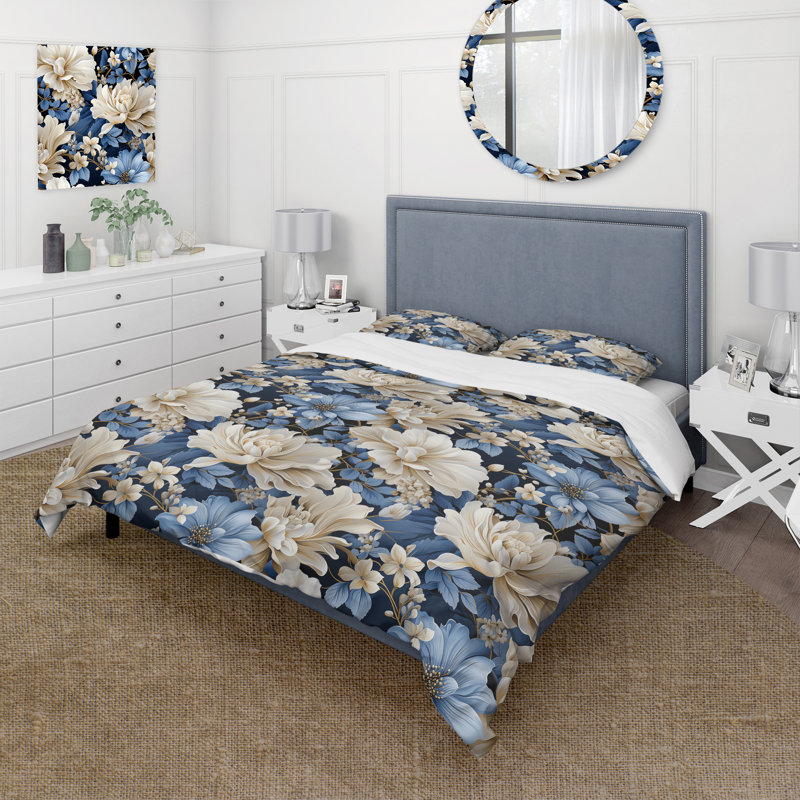 Ensemble de housse de couette à motif floral bleu rétro Romance Floral IV, Housse de couette pour grand lit et 2 taies décor