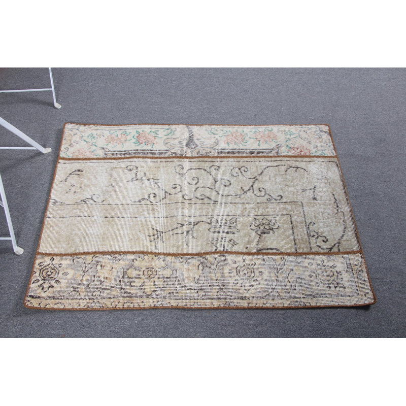 Vintage Turkish Patchwork Wool Rug in Beige and Rustic Oushak Design for Indoor Use
